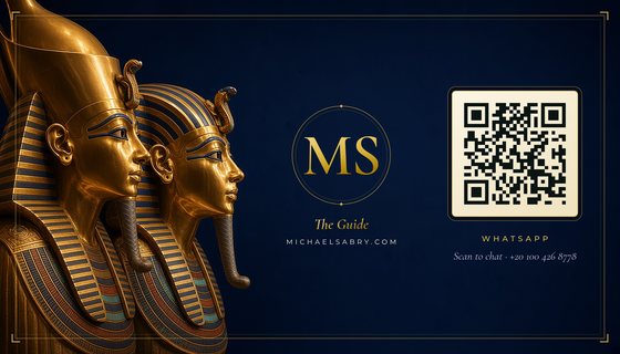 Back of Michael Sabry’s business card: MS monogram, michaelsabry.com and a WhatsApp QR code