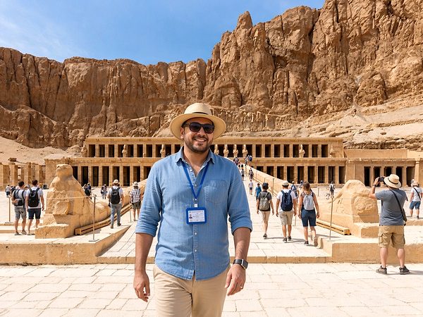 AI-generated image of Michael Sabry at the Temple of Hatshepsut in Luxor