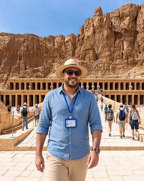 AI-generated image of Michael Sabry at the Temple of Hatshepsut in Luxor